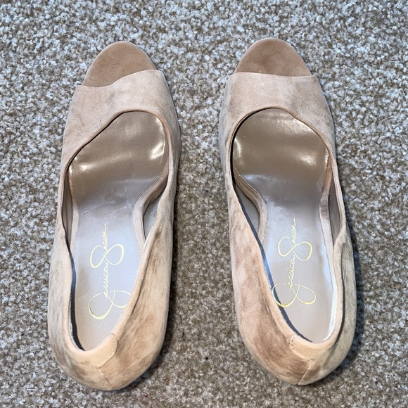 Jessica Simpson Amandax tan suede platform peep toe heels NWOT - Picture 6 of 7